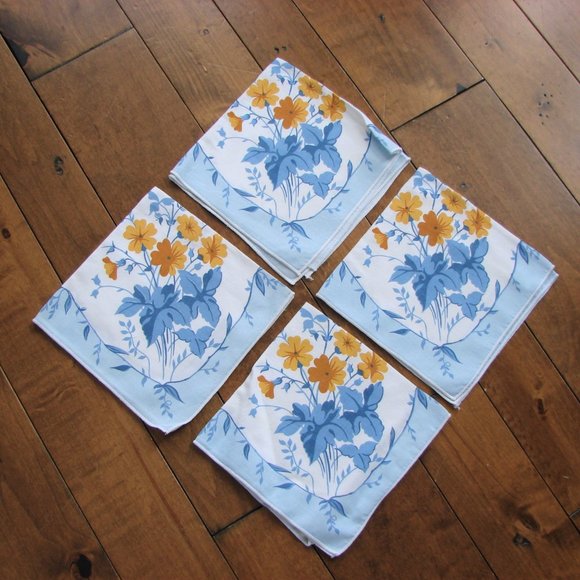 4 Vintage Blue Yellow Flowers Linen Napkins
